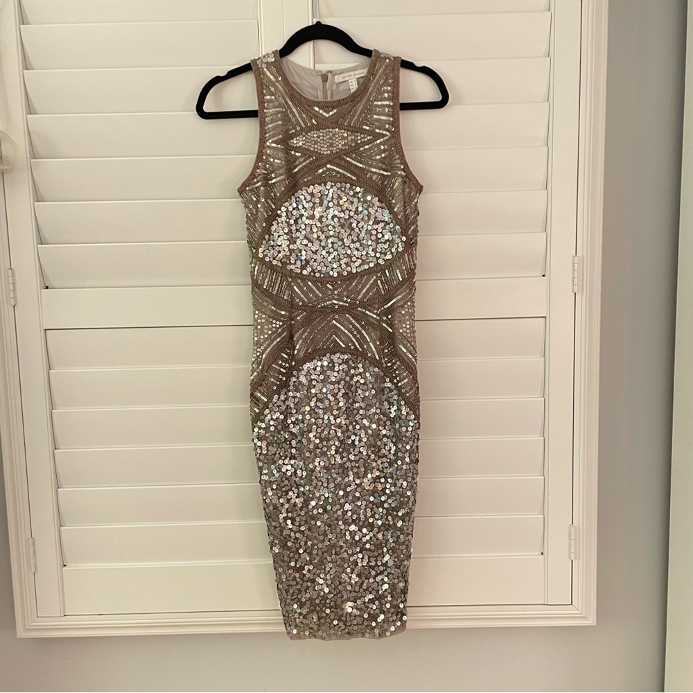 Rachel Gilbert Sequin Dress in Silver and Tan